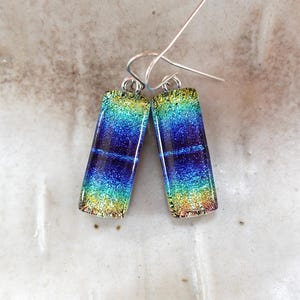 Rainbow Earrings, Blue, Green, Gold, Dichroic Earrings, Glass Jewelry, Dangle, Fused Glass Earrings, Sterling Silver, A15
