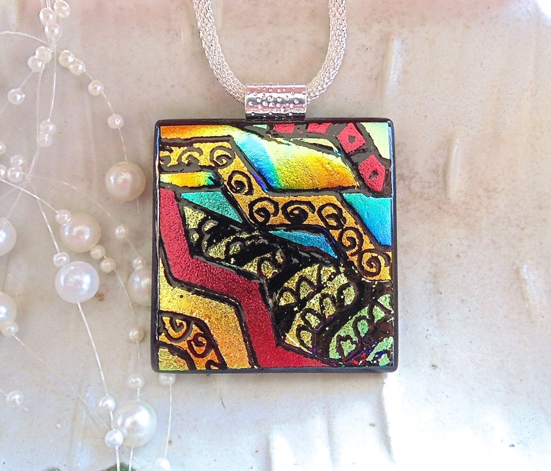 A6 Gold Pendant Red LARGE Zentangle Green Blue Fused Glass Jewelry Dichroic Glass Pendant Hand Engraved Necklace Included