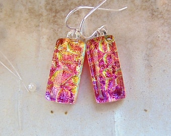 Pink Earrings, Gold, Red, Fused Glass Jewelry, Fused Dichroic Glass Earrings, Dangle, Sterling Silver, A9