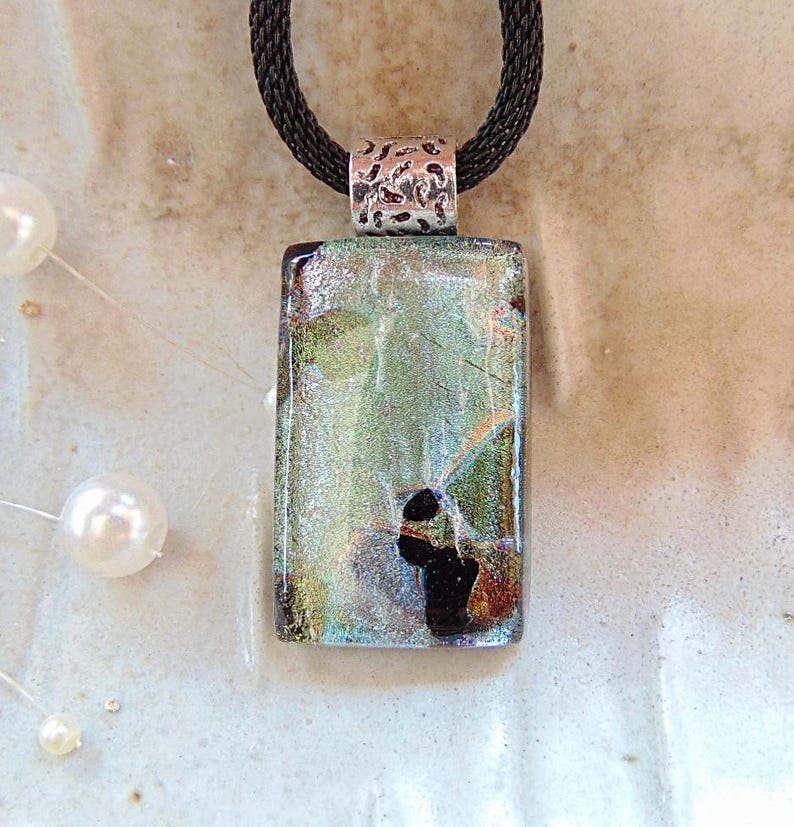 Green Necklace, Petite, One of a Kind, Dichroic Pendant, Fused Glass