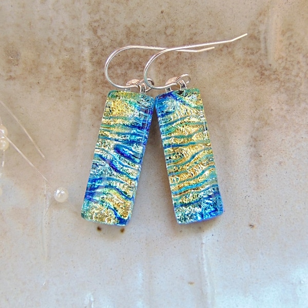 Blue Earrings, Yellow, Dichroic Glass Earrings, Fused Glass Jewelry, Dangle, Sterling Silver, A2, NEW