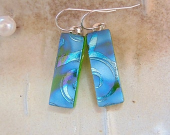 Blue Earrings, Silver, Green, Dichroic Earrings, Glass Earrings, Dangle, Sterling Silver, A3