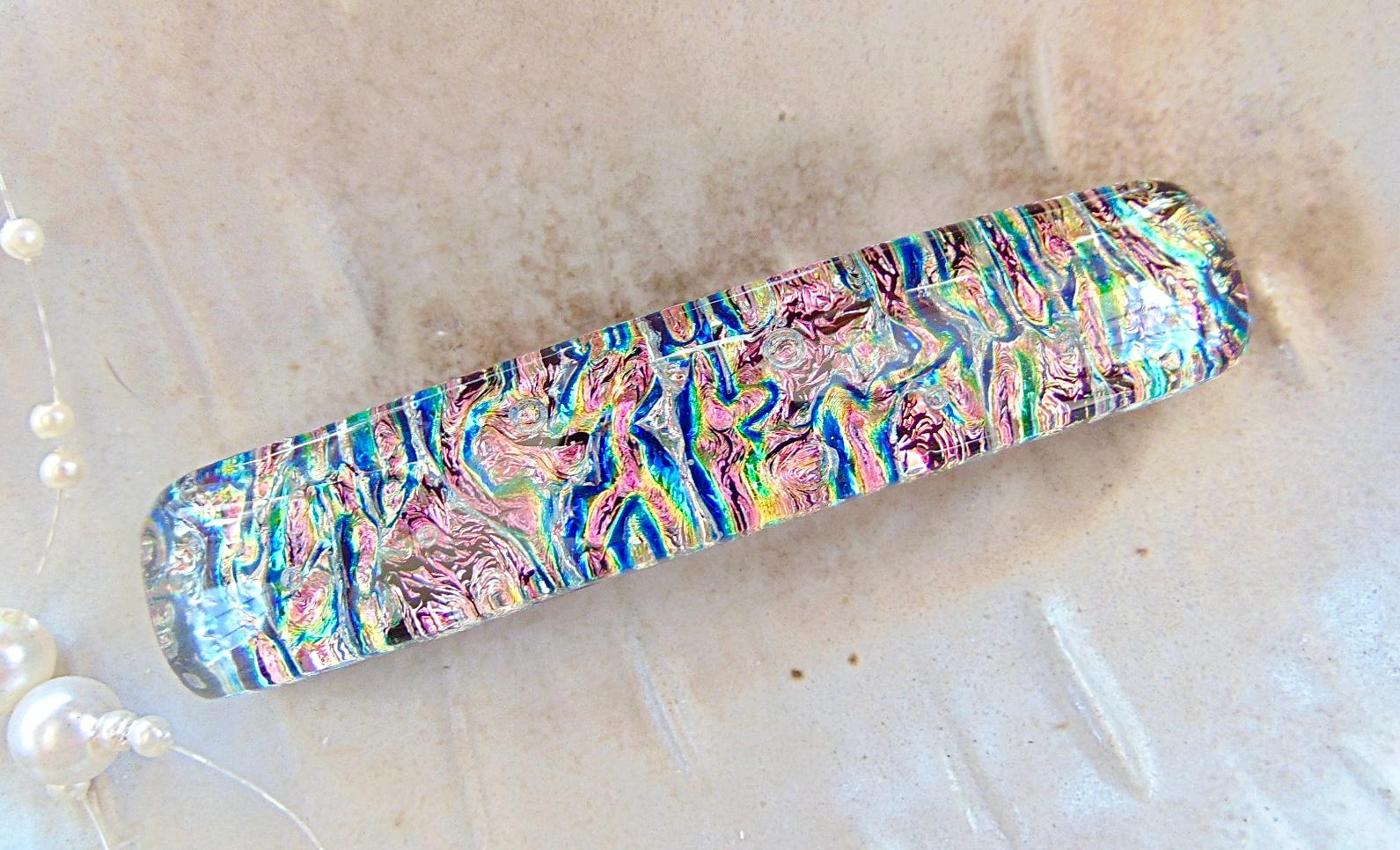 Handmade Pink Dichroic Glass Bar Hair Barrette France Medium Dichroic Glass Barrette, Pink, Silver, Green, Black  main image 4