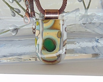 Fused Glass Jewelry, Petite, Glass Pendant, Reactive Glass, Brown, Green, White, Cream, Gray, One of a Kind, Pebble Pendant, A16