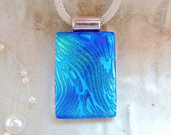 Blue Necklace, Green, Dichroic Pendant, Fused Glass Jewelry, Necklace Included, A1