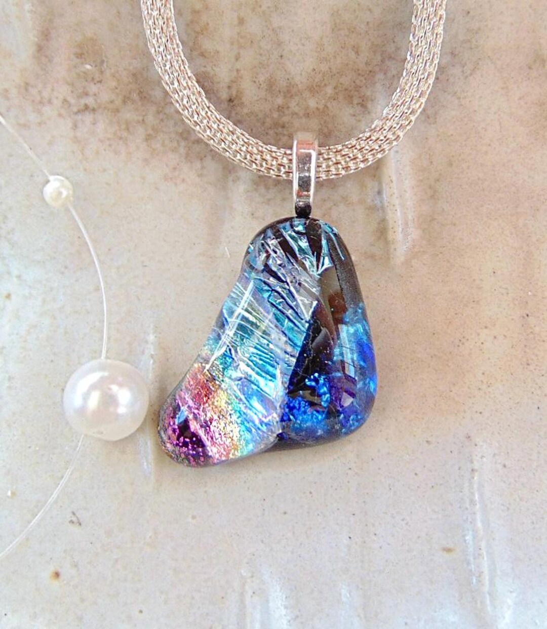 Blob Pendant, Organic Blob, Blue Necklace, Rainbow, Petite