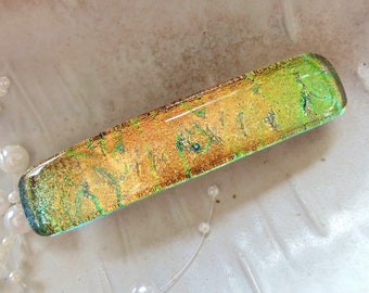 Medium Dichroic Glass Barrette, Gold, Green, French Made Barrette Clip