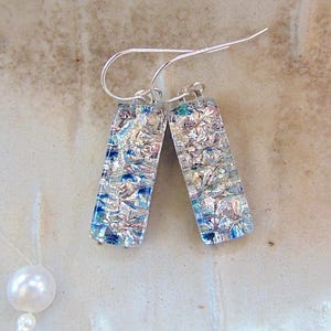 Silver Earrings, Aqua, Dichroic Glass Earrings, Fused Glass Jewelry, Dangle, Sterling Silver, A17
