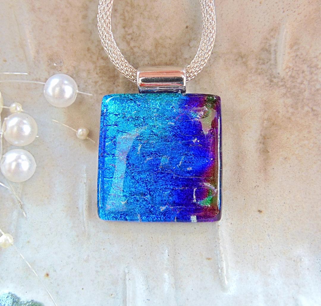 Blue Necklace, Purple, Green, Dichroic Glass Pendant, Fused Glass