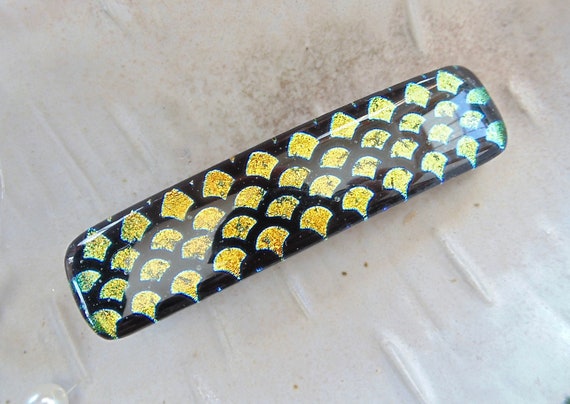 Fused glass black and gold barrettes with dicrotic glass sparkle! Medium Fused Dichroic Glass Barrette, Gold, Pink, Black  main image 4
