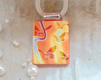 Orange Necklace, Blue, Gold, Dichroic Pendant, Glass Jewelry, Necklace Included, Butterfly, A7