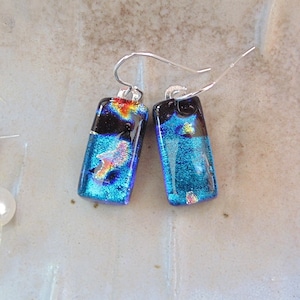 Blue Earrings, Red, Gold, Dichroic Earrings, Fused Glass Jewelry, Dangle, One of a Kind, Sterling Silver, A11