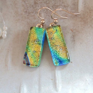 Gold Earrings, Blue, Green, Dichroic Earrings, Fused Glass, Dangle, Handmade, Gold Filled, A4