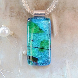 Green Necklace, Blue, Dichroic Glass Pendant, Fused Glass Jewelry, Necklace Included, A11b