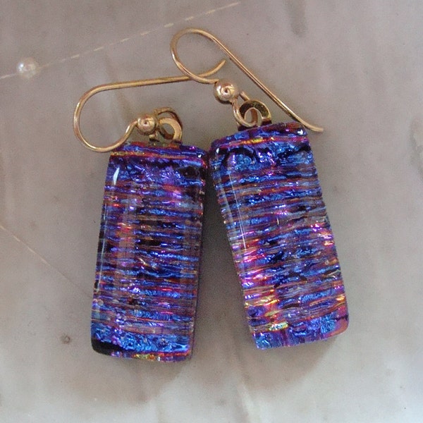 Fused Dichroic Glass Earrings, Dangle, Gold Filled