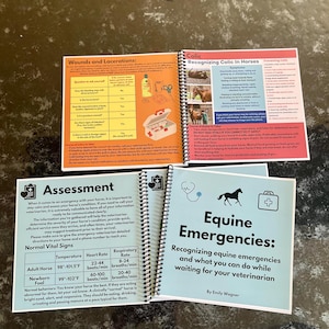 May include: A set of three colorful spiral bound booklets with information on equine emergencies, wounds and lacerations, and colic. The cover of the booklet on equine emergencies is light blue with a white stethoscope and a red plus sign. The cover of the booklet on wounds and lacerations is red with a white first aid kit. The cover of the booklet on colic is green with a white horse. The text on the covers reads "Equine Emergencies", "Wounds and Lacerations", and "Colic".