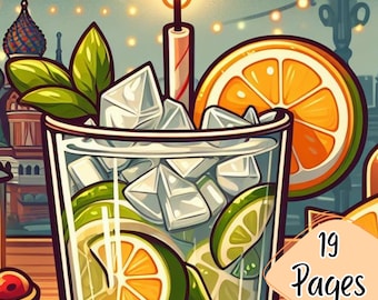 May include: An adult coloring book with a cover featuring a glass of a cocktail with a lime wedge, ice cubes, and a lit candle. The text on the cover reads "Cocktails & Beer" and "19 Pages".