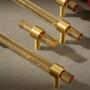 Champagne Crystal Glass & Clear Acrylic Cabinet Pulls: Gold Brass Wardrobe Handles