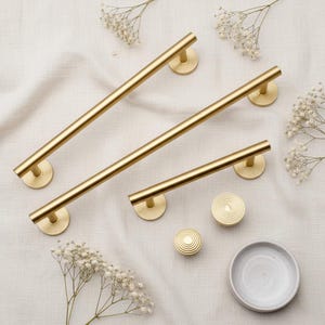 Brushed Brass Cabinet Pull & Knob Set | Modern Drawer Handle with Textured Round Base | Solid Brass Kitchen Hardware Minimalist Dresser Pull