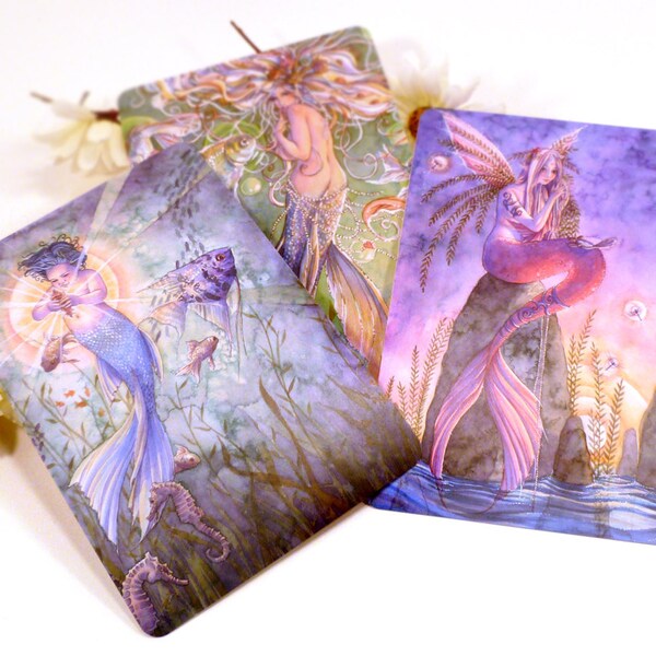 Mermaid Postcards Orange Pink and Blue Fish Tail Mermaids