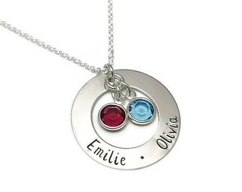Sterling Silver Hand Stamped Mother's Necklace with Two Names & Birthstones