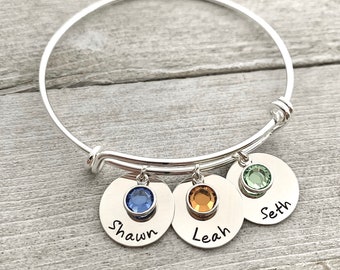 Custom Mom's Bangle Bracelet - Hand Stamped with three names and crystal birthstones