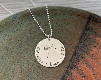 Whimsical Mother's Necklace - Dandelion Design - Personalized Handstamped Jewelry - Military Family - I Wished For You