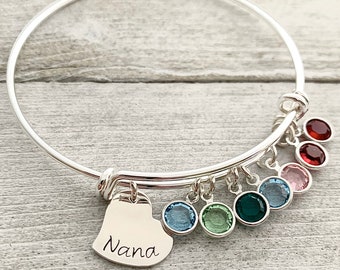 Custom Silver Bangle for Nana or Grandmother with Crystal Birthstones