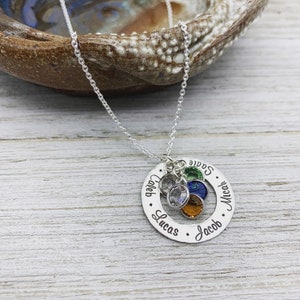 Rustic Sterling Silver Mother's Necklace with Five Names & Birthstone Crystals