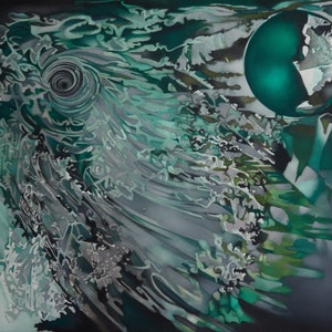 Puede incluir: Pintura abstracta con patrones verdes y grises en espiral. Un círculo grande de color verde oscuro se encuentra en la esquina superior derecha.