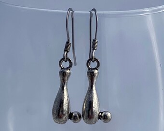 Bowling Charm Dangle Silver Toned Drop Earrings