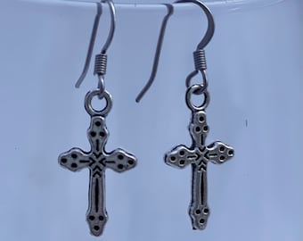 Decorative Cross Charm Dangle Silver Toned Drop Earrings