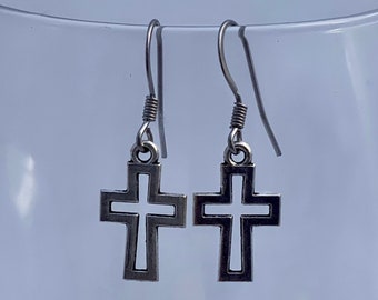 Open Cross Charm Dangle Silver Toned Drop Earrings