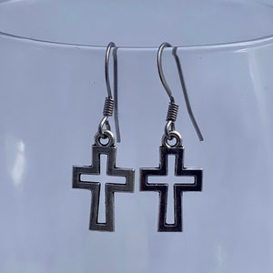 Open Cross Charm Dangle Silver Toned Drop Earrings
