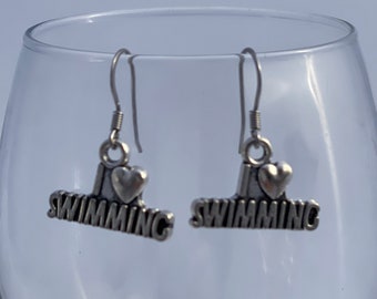 I Love Swimming Charm Dangle Silver Toned Drop Earrings