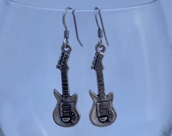 Guitar Musical Instrument Charm Dangle Silver Toned Drop Earrings