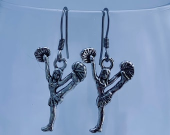 Cheerleader Charm Dangle Silver Toned Drop Earrings