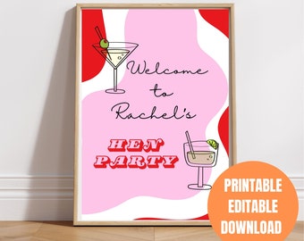 Cocktail Pink Hen/Bachelorette Party Welcome Sign | Printable | Editable | All Scalable Sizes  - Decor, Festival Hen Party, Retro Modern,Fun