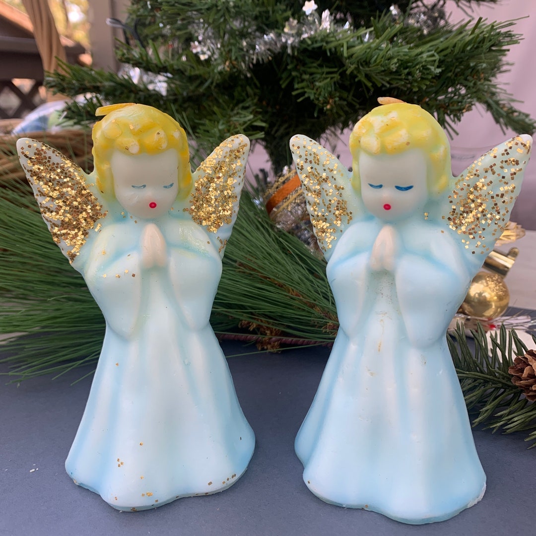 Pair of Vintage Gurley Angel Christmas Candles 1950s Blue Gold Etsy