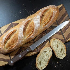Puede incluir: Una baguette recién horneada con una corteza dorada, sobre una tabla de cortar de madera con un patrón geométrico. Un cuchillo de pan dentado y dos rebanadas de pan también están presentes. El fondo es oscuro.
