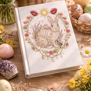 Può includere: Un diario bianco con un'illustrazione floreale e di coniglio. La copertina presenta un disegno dettagliato di un coniglio circondato da fiori, un sole e una luna crescente. Il diario è circondato da fiori e uova di Pasqua.