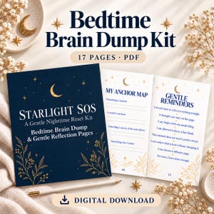 Dziennik Brain Dump do druku w formacie PDF, zestaw do refleksji przed snem, Starlight SOS, 17 stron + naklejki bonusowe