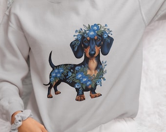 Dachshund Mom Sweatshirt, Floral Blue Dachshund, Wiener Dog Lover Gift, Pet Mom Crewneck, Dachshund Sweatshirt, Doxie Mama, Mothers Day