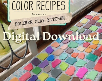 May include: A table displaying numerous polymer clay pieces in diverse colours and shapes. The image includes text: "COLOR RECIPES from a POLYMER CLAY KITCHEN" and "Digital Download". The clay pieces are arranged on a patterned surface.