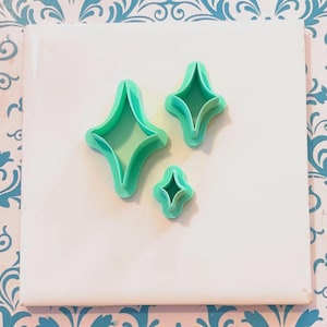 May include: Three turquoise star-shaped cookie cutters of varying sizes are arranged on a white surface. The cutters have a layered design, creating a three-dimensional effect. The background features a patterned blue and white design.