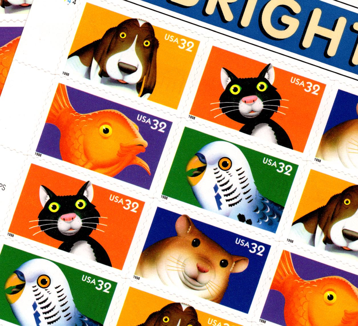 Children's Birthday Postage Stamps, Twenty unused 32 cents, Pet Themed Party