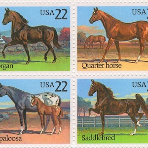May include: A block of four postage stamps featuring illustrations of horses. Each stamp displays the text USA 22 and a specific breed name: Morgan, Quarter horse, Appaloosa, and Saddlebred. The designs depict horses in outdoor landscapes.