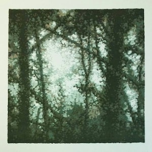 May include: A green and white abstract print of a forest scene. The print is made up of small dots and circles, creating a textured effect. The light shines through the trees, creating a sense of depth and mystery.