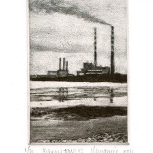 May include: A black and white etching of a power plant with two tall smokestacks emitting smoke. The plant is situated on a body of water with a shoreline in the foreground.