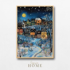 Starry Winter Night in a Quaint Village Wall Art, Storybook, Whimsical, Snowy Garden and Cottages, Digital Download, Printable Art, Seasonal